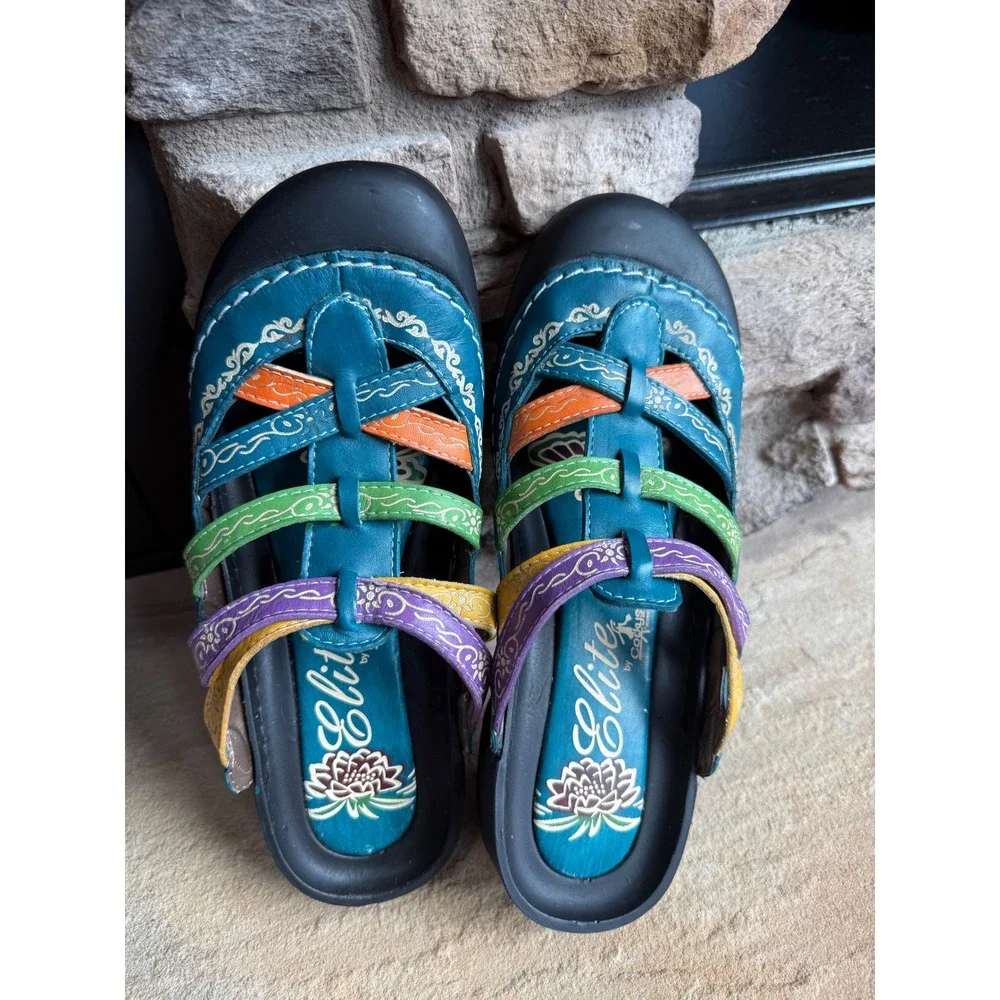 Elite by Corkys Rock Teal Multi Color Leather Artisan Sandals Women's 9 Granola